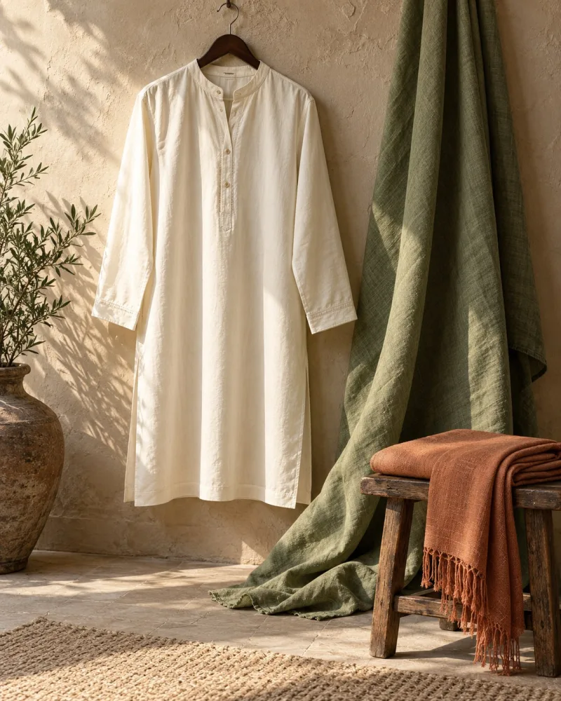 Ivory kurta, sage linen and terracotta textiles in a clothing editorial
