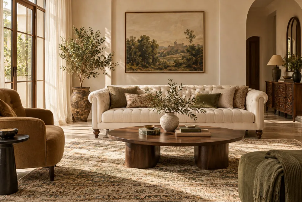 An inviting living room styled with warm natural materials