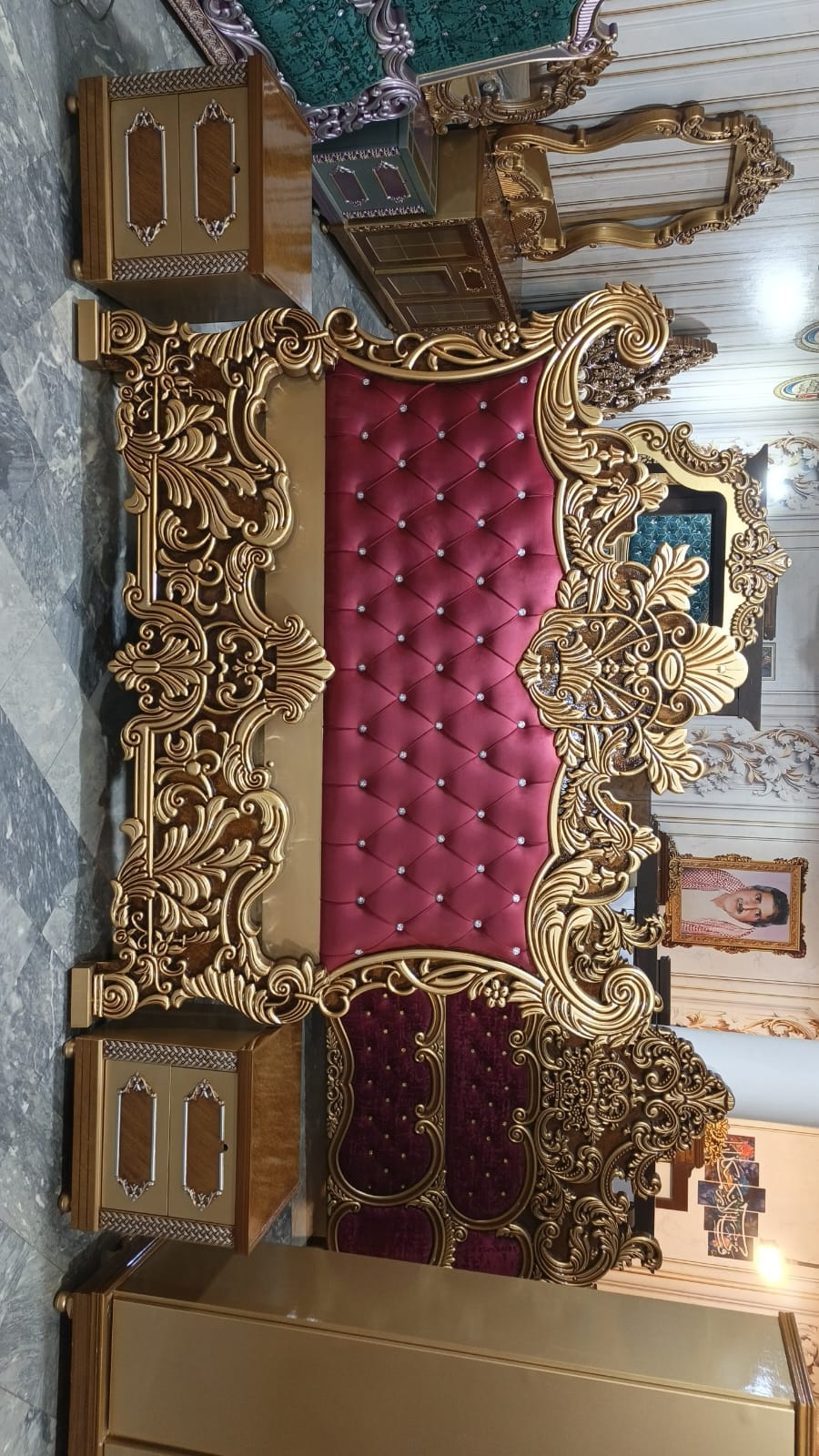 Raspberry Tufted Scroll-Crest Bed Panels — additional view from the supplied Priceless collection