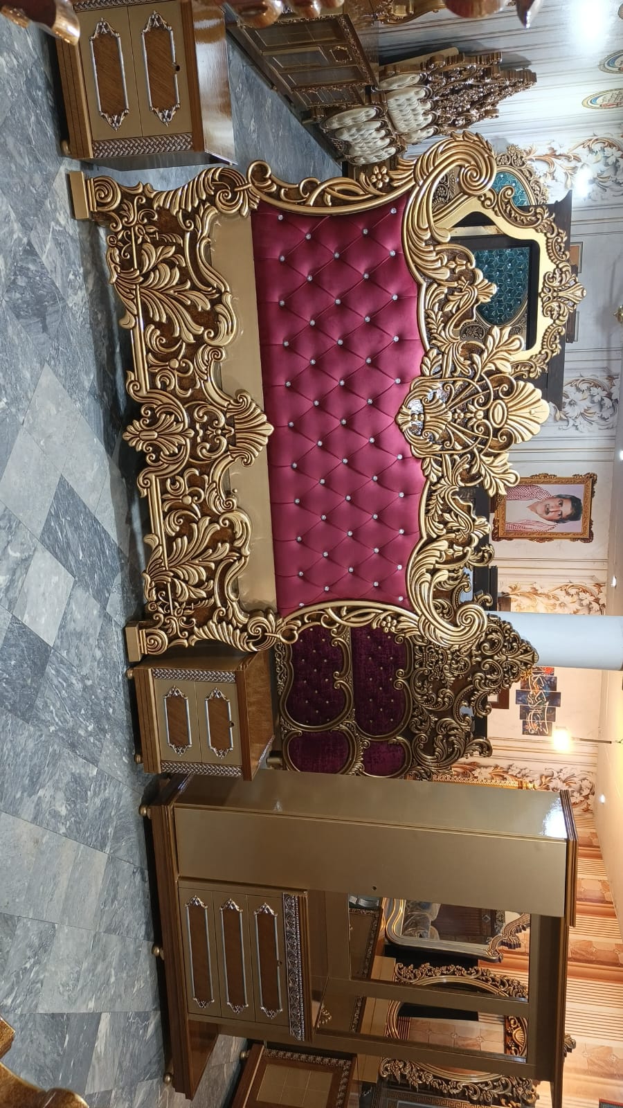 Raspberry Tufted Scroll-Crest Bed Panels — additional view from the supplied Priceless collection